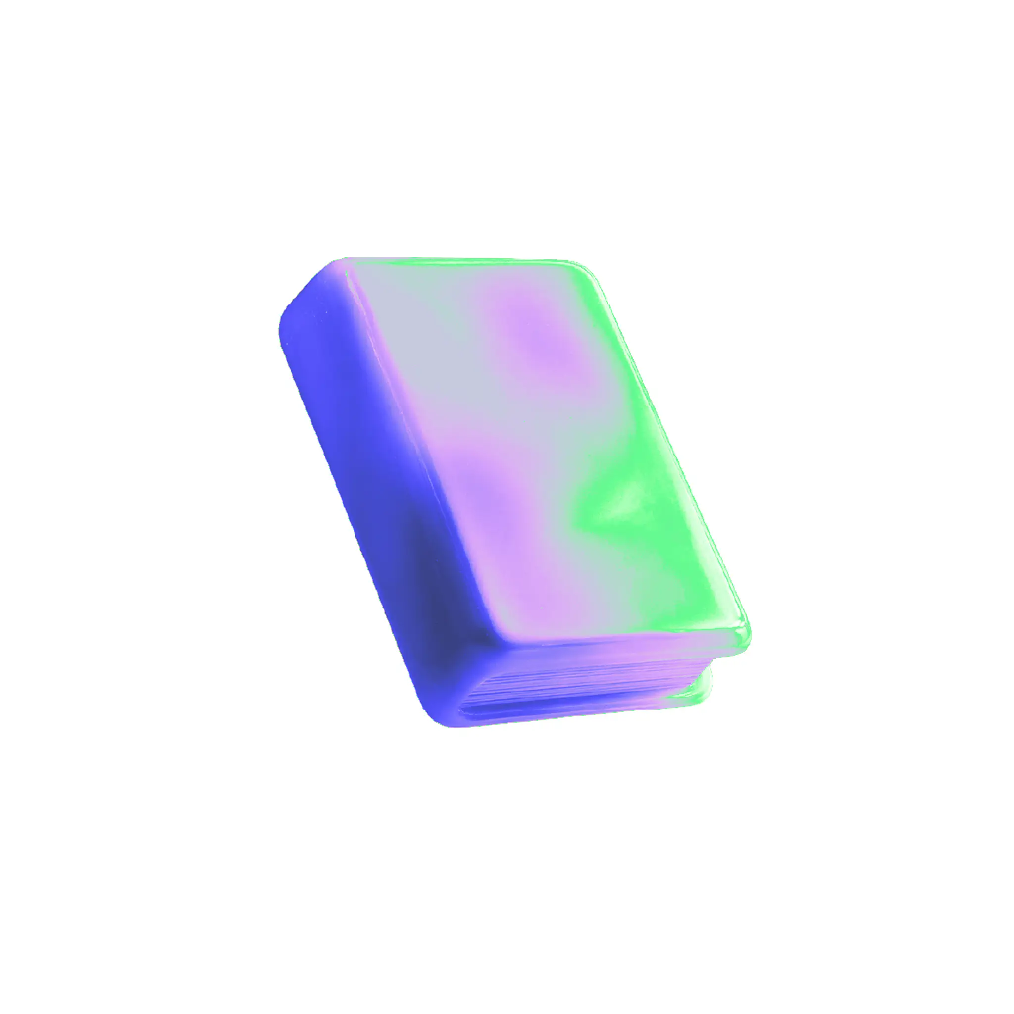 Icona 3D di un libro con texture fluida iridescente nei toni del viola e verde neon, simbolo dell'offerta formativa e dei corsi AI della scuola a Firenze.