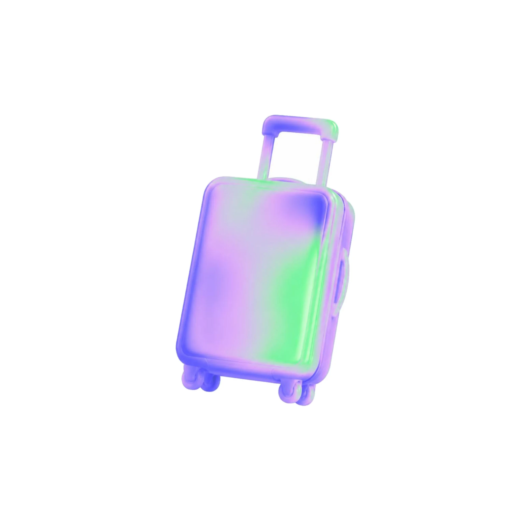 Icona 3D di una valigia trolley con texture fluida iridescente nei toni del viola e verde.