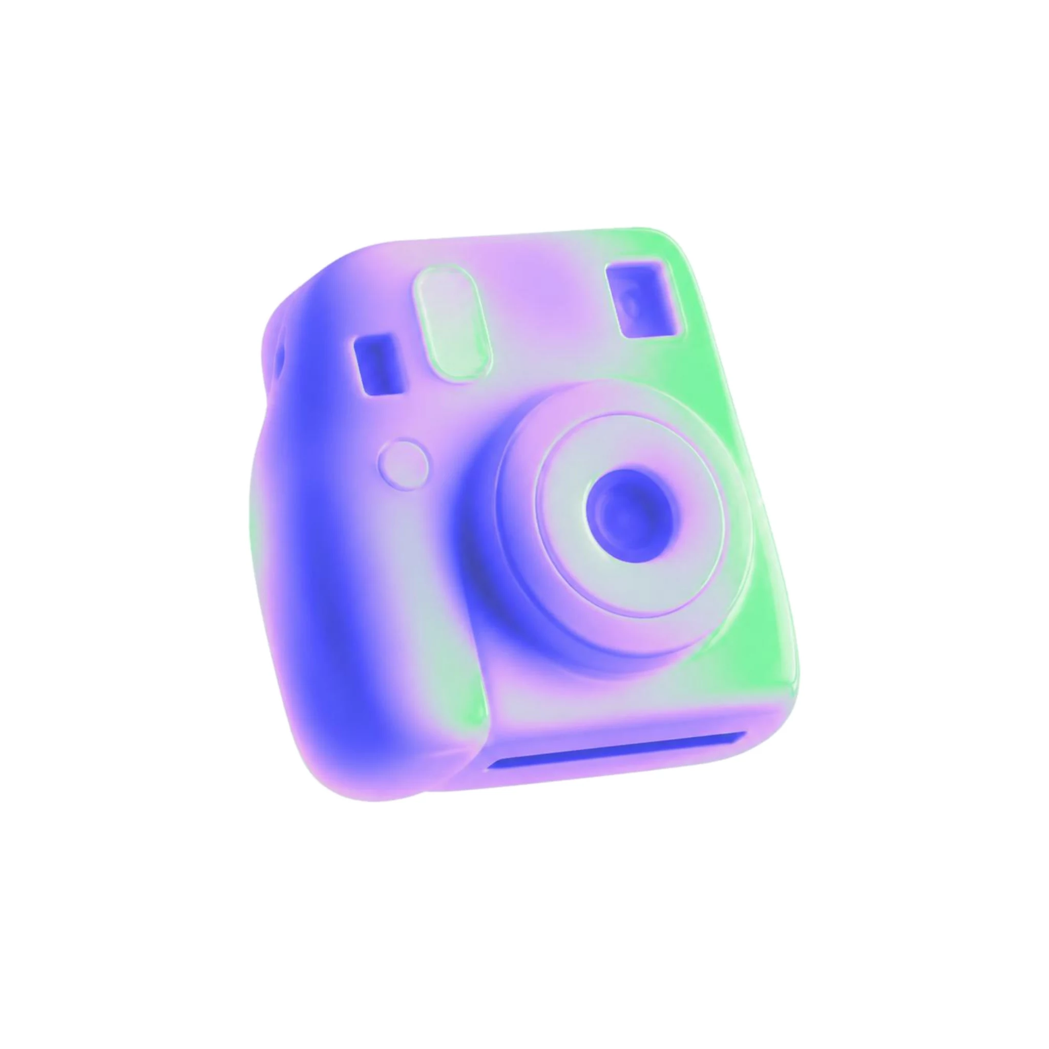 Icona 3D di una macchina fotografica istantanea con texture fluida iridescente nei toni del viola e verde.
