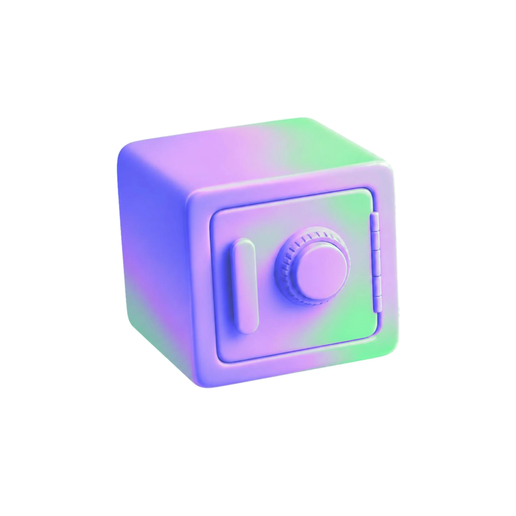 Icona 3D di una cassaforte da camera con texture fluida iridescente nei toni del viola e verde.